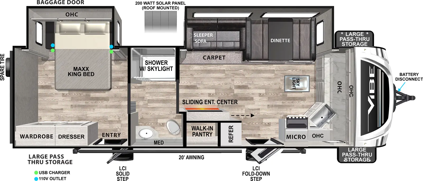 The Vibe West 27FKB floorplan has two entries and two slide outs. Exterior features include: fiberglass exterior and 20' awning. Interiors features include: front kitchen, rear bedroom and pass through bathroom.